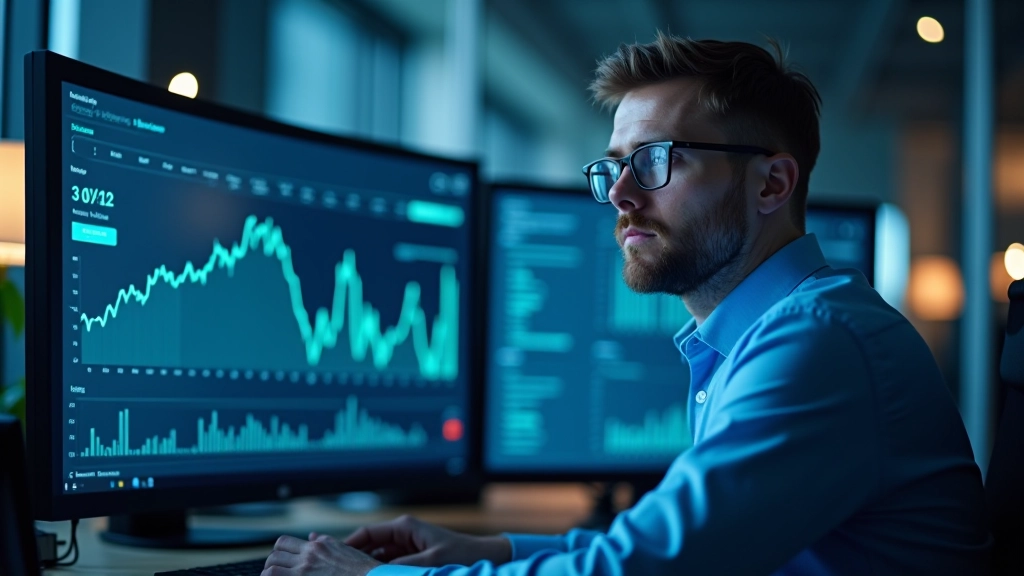Finansų analitikai tiria rinkos tendencijas biure su dideliais monitoriais