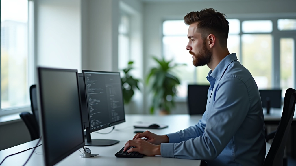 IT specialistas dirba prie kompiuterio su keliais monitoriais, šiuolaikiška tech biuro aplinka, tiesioginė šviesa iš lango