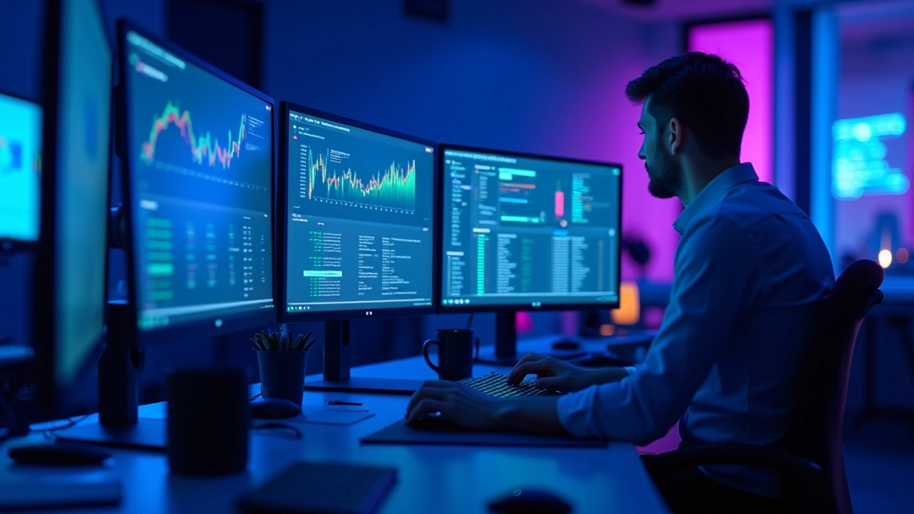 Šiuolaikinis finansinės analitikos darbastalis su keliais monitoriais